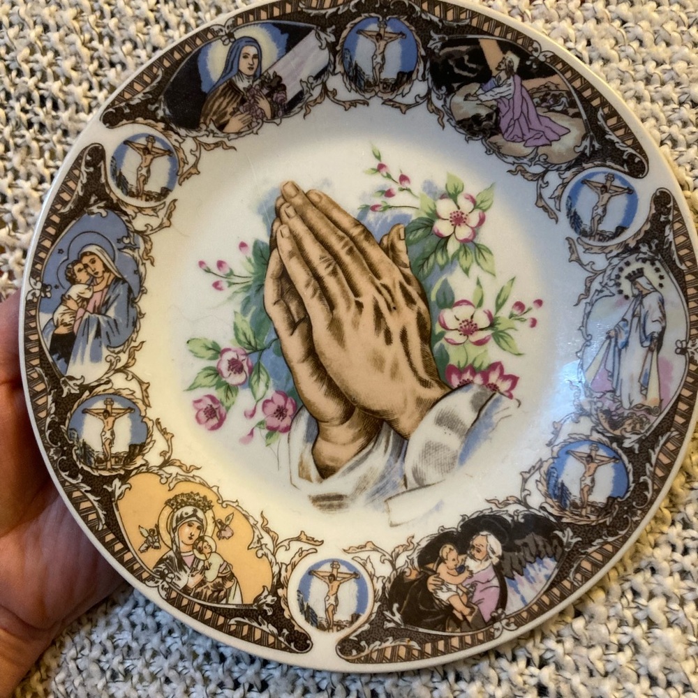 Decorative Plate with Praying Hands and Religious Scenes // Vintage Japan